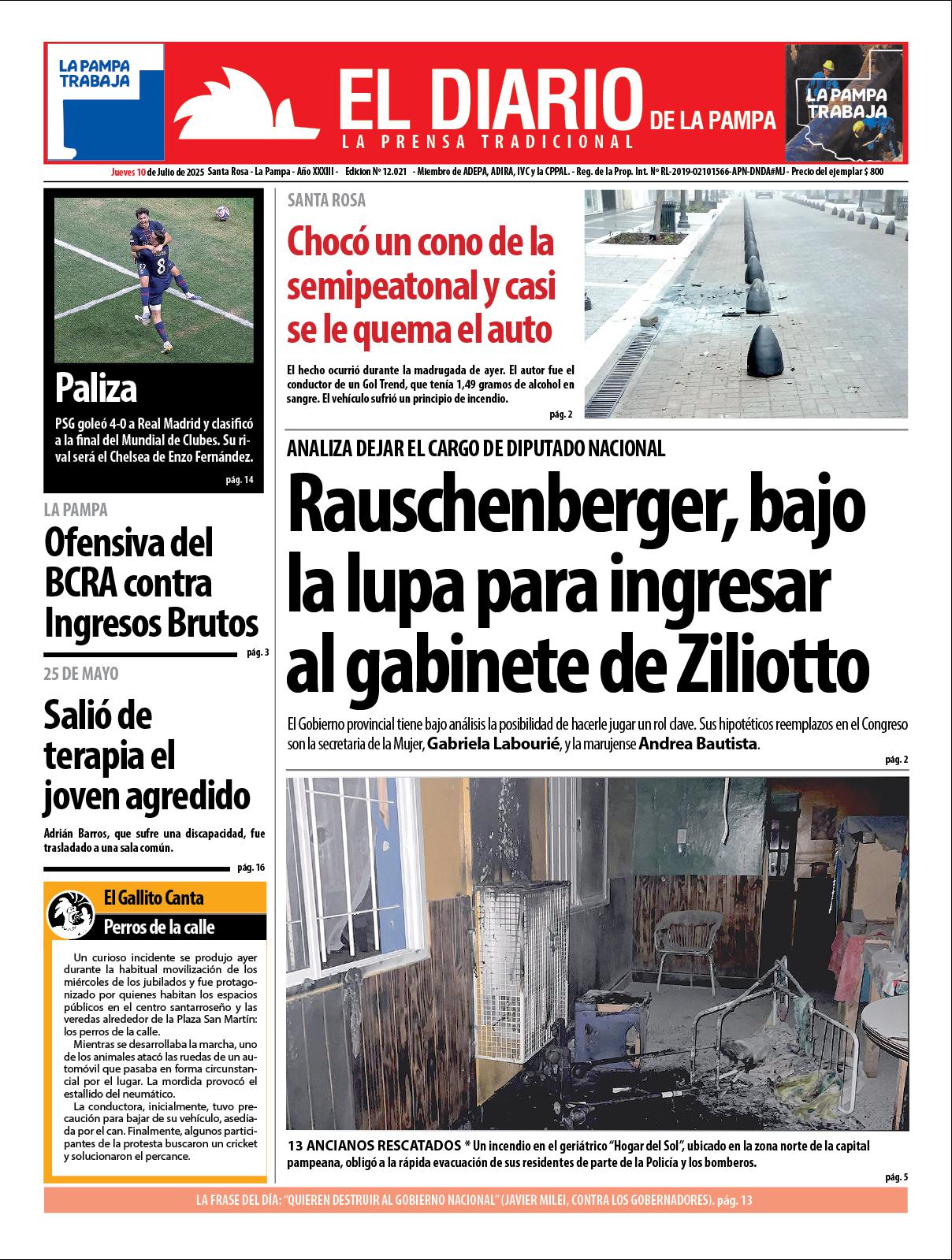 Tapa de El Diario en papel  jueves 10 de julio de 2025